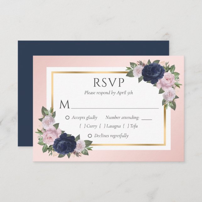Navy Blue Blush Gold Floral Wedding RSVP Cards (Front/Back)
