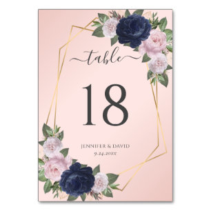 Navy Blue Blush Gold Floral Wedding Table Number