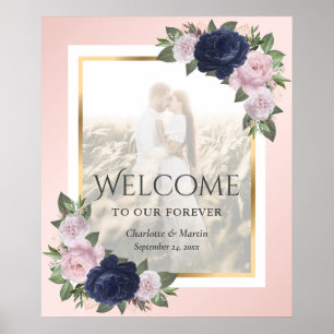 Navy Blue Blush Gold Floral Wedding Welcome Sign