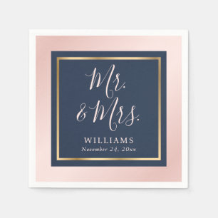 Navy Blue Blush Gold Mr and Mrs Wedding Napkin
