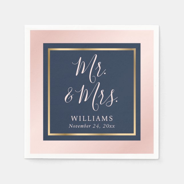 Navy Blue Blush Gold Mr and Mrs Wedding Napkin (Front)