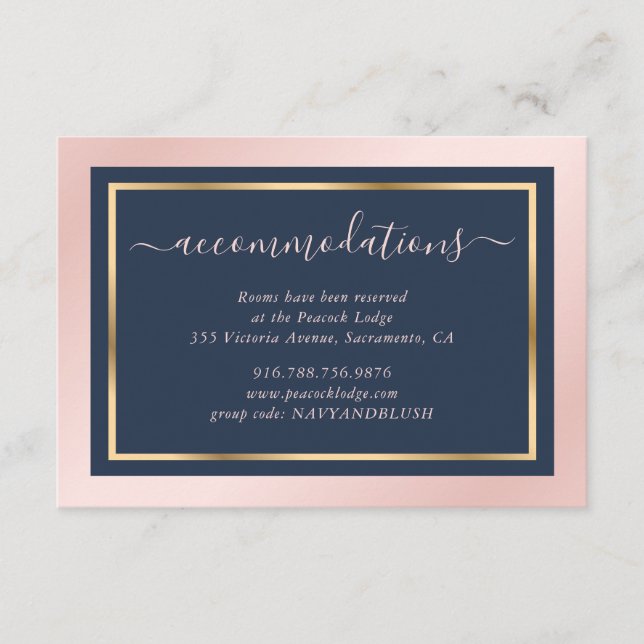 Navy Blue Blush Gold Wedding Hotel Accommodation Enclosure Card (Front)