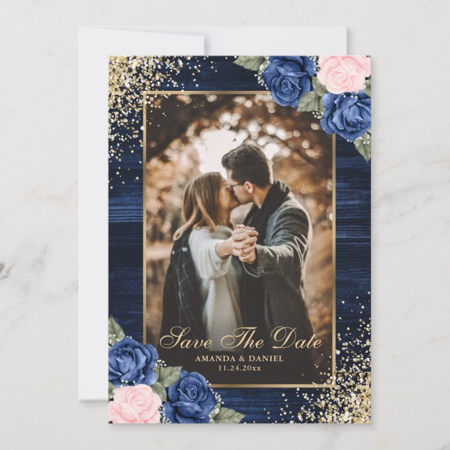 Navy Blue Blush Gold Wood Floral Wedding Photo Save The Date (Front)