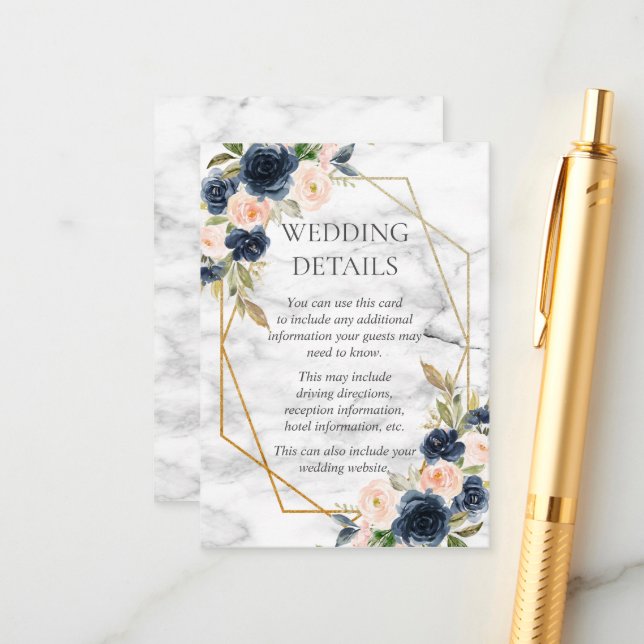 Navy Blue Blush Marble Geometric Floral Details Enclosure Card (Front/Back In Situ)