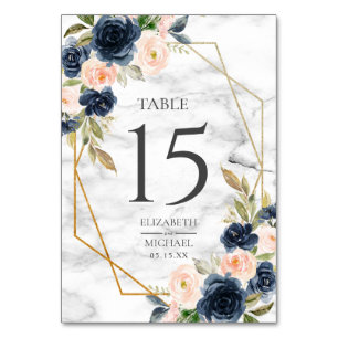 Navy Blue Blush Marble Geometric Floral Wedding Table Number