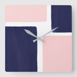 Navy Blue Blush Minimalist Color Block Square Wall Clock