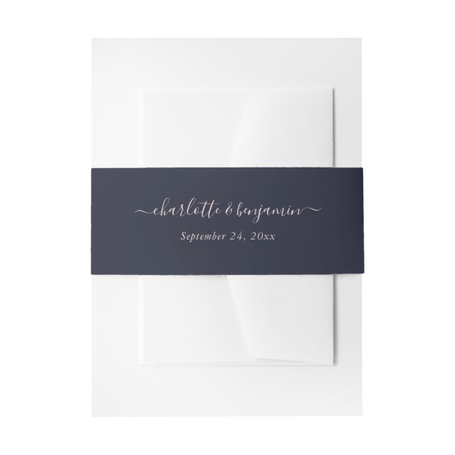 Navy Blue Blush Modern Script Wedding Invitation Belly Band (Front Example)