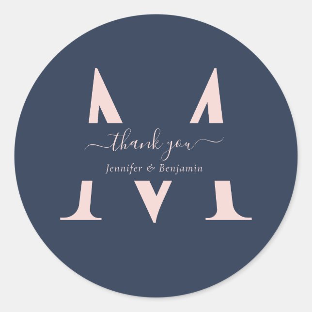 Navy Blue Blush Monogram Wedding Favour Thank You Classic Round Sticker (Front)