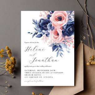 Navy Blue Blush Pink Boho Floral Elegant Wedding Invitation