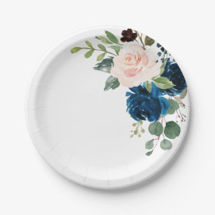 Navy Blue Blush Pink Botanical Wedding Paper Plate