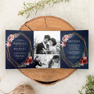 Navy Blue Blush Pink Burgundy Floral Wedding Tri-Fold Invitation