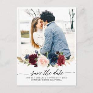Navy Blue Blush Pink Burgundy Photo Save The Date Postcard