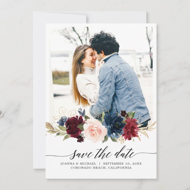 Navy Blue Blush Pink Burgundy Rose Photo Save The Date (Front)