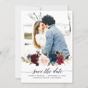 Navy Blue Blush Pink Burgundy Rose Photo Save The Date