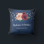 Navy Blue Blush Pink Burgundy Roses Lights Wedding Cushion<br><div class="desc">This pillow features watercolor blush pink and burgundy roses with green leaves and foliage and a navy blue background. Personalise it with names and date. This pillow is part of a collection which includes matching wedding stationery and gifts. Please visit our store or view our collection pages to see the...</div>