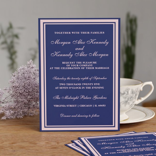 Navy Blue Blush Pink Classic Wedding Invitation (A classic wedding celebration in navy blue and blush pink. Just add your details)