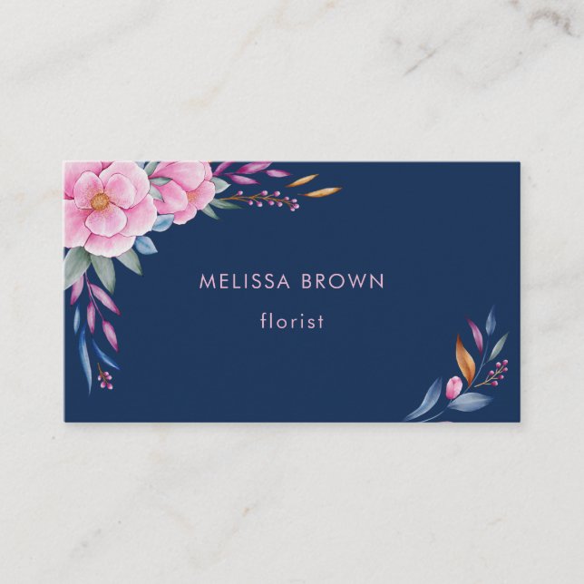 Navy Blue Blush Pink Colourful Floral Watercolor Business Card (Front)
