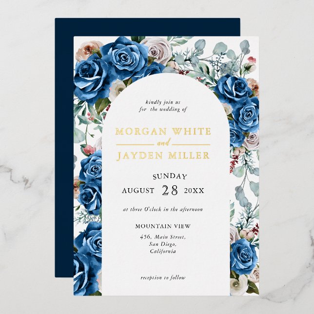 Navy Blue Blush Pink Dusty Floral Arch Wedding  (Front/Back)