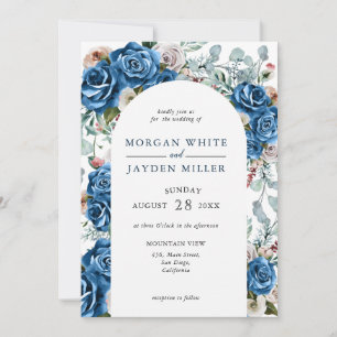 Navy Blue Blush Pink Dusty Floral Arch Wedding Invitation