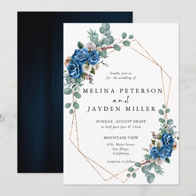 Navy Blue Blush Pink Dusty Floral  Wedding Invitation (Front/Back)