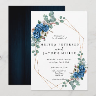 Navy Blue Blush Pink Dusty Floral Wedding Invitation