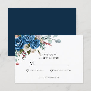 Navy Blue Blush Pink Dusty Floral Wedding  RSVP Card