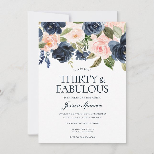 Navy Blue Blush Pink Floral 30th Birthday Party Invitation (Front)