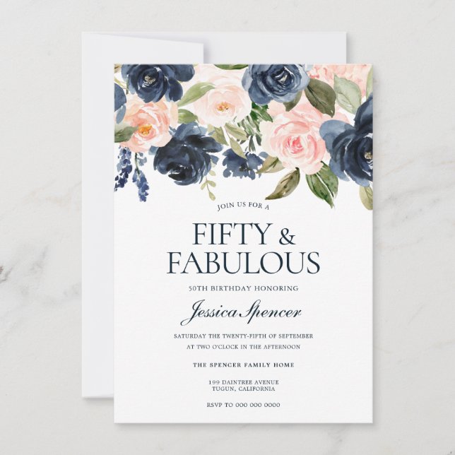 Navy Blue Blush Pink Floral 50th Birthday Party Invitation (Front)