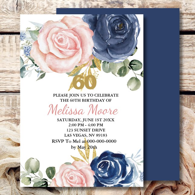 Navy blue blush pink floral 60th birthday invitation (Creator Uploaded)