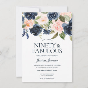 Navy Blue Blush Pink Floral 90th Birthday Party Invitation