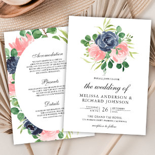 Navy Blue Blush Pink Floral All in One Wedding Invitation