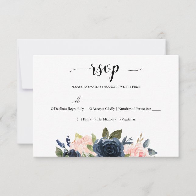Navy Blue Blush Pink Floral Blossom Wedding RSVP Card (Front)