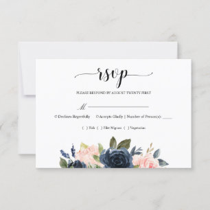 Navy Blue Blush Pink Floral Blossom Wedding RSVP Card