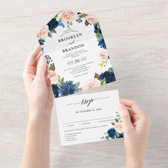 Navy Blue Blush Pink Floral Botanical Wedding All In One Invitation (Tearaway)