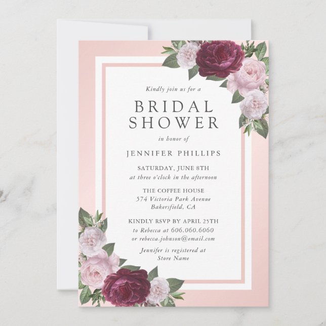 Navy Blue Blush Pink Floral Bridal Shower Invitation (Front)