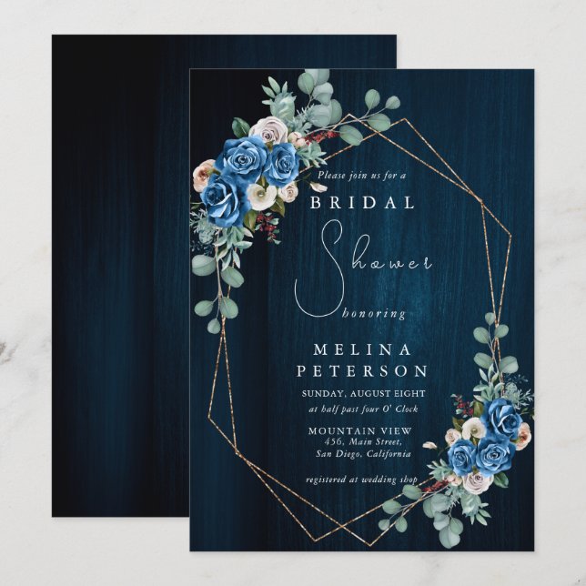 Navy Blue Blush Pink Floral Bridal Shower Invitation (Front/Back)