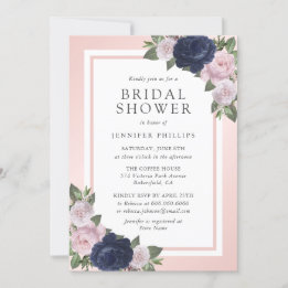 Navy Blue Blush Pink Floral Bridal Shower Invitation
