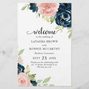 Navy Blue Blush Pink Floral Budget Wedding Program Flyer