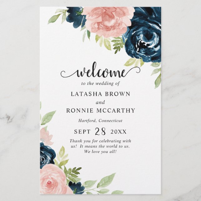 Navy Blue Blush Pink Floral Budget Wedding Program Flyer (Front)