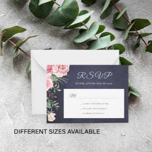 Navy blue blush pink floral budget wedding RSVP Card