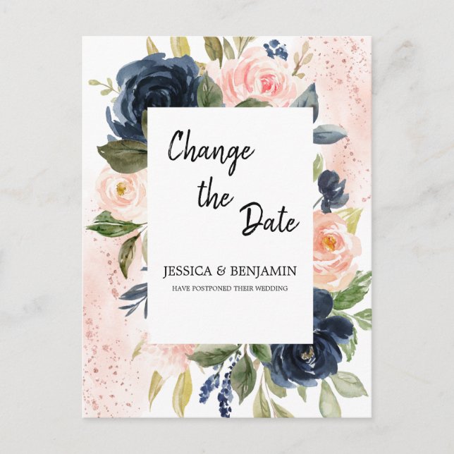 Navy Blue Blush Pink Floral Change the Date Postcard (Front)