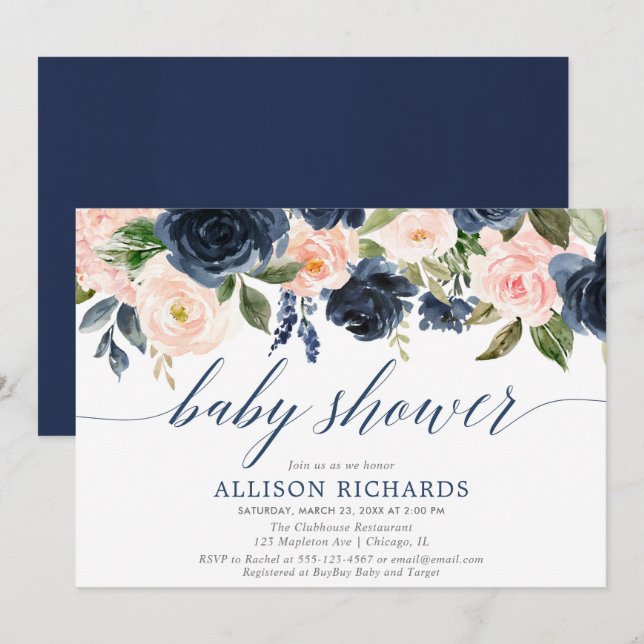 Navy blue & blush pink floral elegant baby shower invitation (Front/Back)