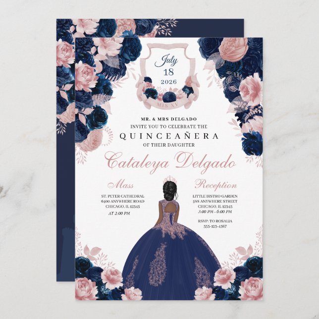Navy Blue & Blush Pink Floral Elegant Quinceañera Invitation (Front/Back)
