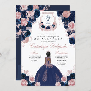 Navy Blue & Blush Pink Floral Elegant Quinceañera Invitation