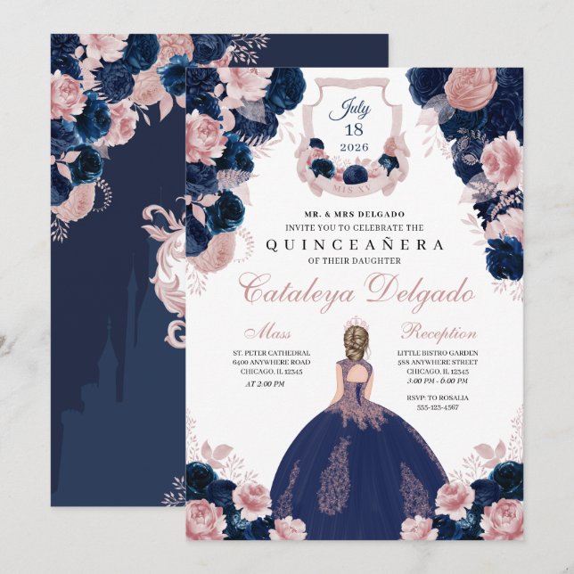 Navy Blue & Blush Pink Floral Elegant Quinceañera Invitation (Front/Back)