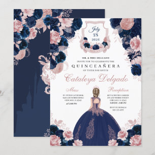Navy Blue & Blush Pink Floral Elegant Quinceañera Invitation