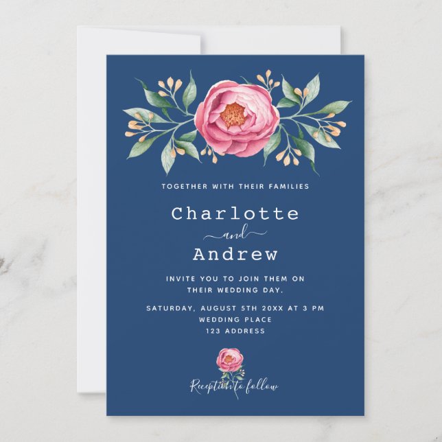 Navy Blue blush pink floral elegant wedding Invitation (Front)