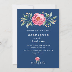 Navy Blue blush pink floral elegant wedding Invitation