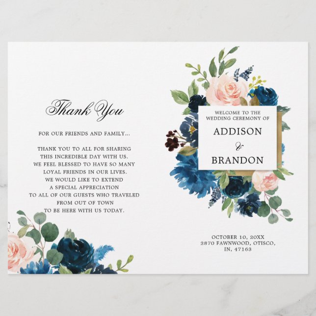 Navy Blue Blush Pink Floral Folded Wedding Program (Front)