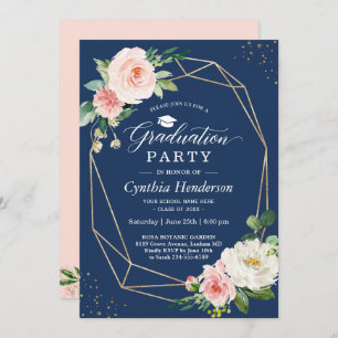 Navy Blue Blush Pink Floral Geometric Graduation Invitation